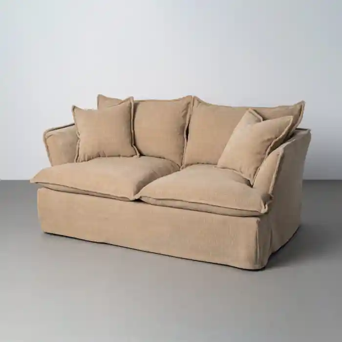 Canapea bej închis cu 2 locuri tapitată din stofă cu perne voluminoase și design relaxat pentru living 181 x 103 x 72 cm | Ofertă