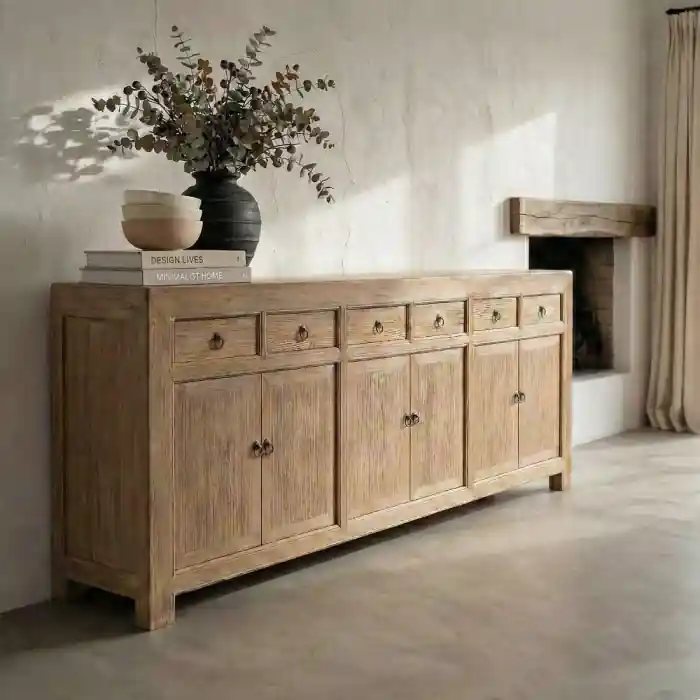 Bufet din lemn de pin reciclat cu sertare și uși pline, design japandi rustic contemporan 240 x 44 x 94 cm - Ofertă online