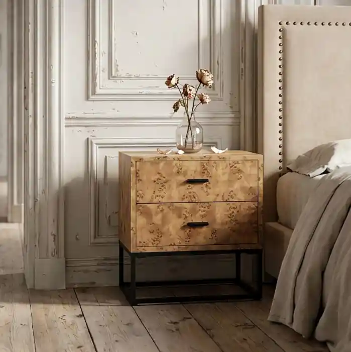 Noptieră cu design contemporan din lemn de brad cu finisaj natural și structură metalică neagră 55 x 41 x 55 cm | Plată sigură