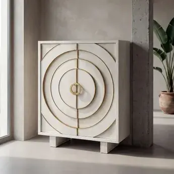 Produs recomandat - Comodă tip cabinet din lemn de mango cu fronturi decorative circulare 91,5 x 40 x 113 cm