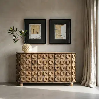 Calitate excelentă | Bufet din lemn de mango cu front decorativ ritmic și relief circular 147 x 42 x 76 cm