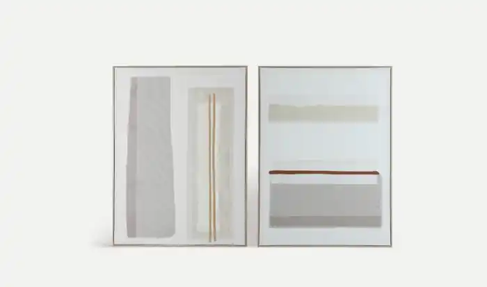 Ofertă | Set de 2 tablouri abstracte din panza in tonuri de maro cu insertii textile Auritz 90 x 4 x 120 cm