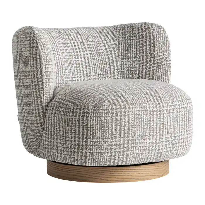 Bestseller - Fotoliu rotativ 360 grade din stofă gri jaspe cu bază din lemn de pin maro deschis pentru living și HoReCa Oderzo 85x85x75 cm