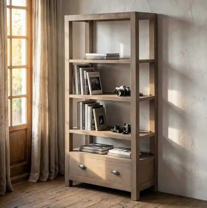 Au mai rămas puține bucăți | Bibliotecă din lemn de pin cu aspect natural cu patru polițe deschise și sertar inferior COTTAGE 90 x 40 x 180 cm