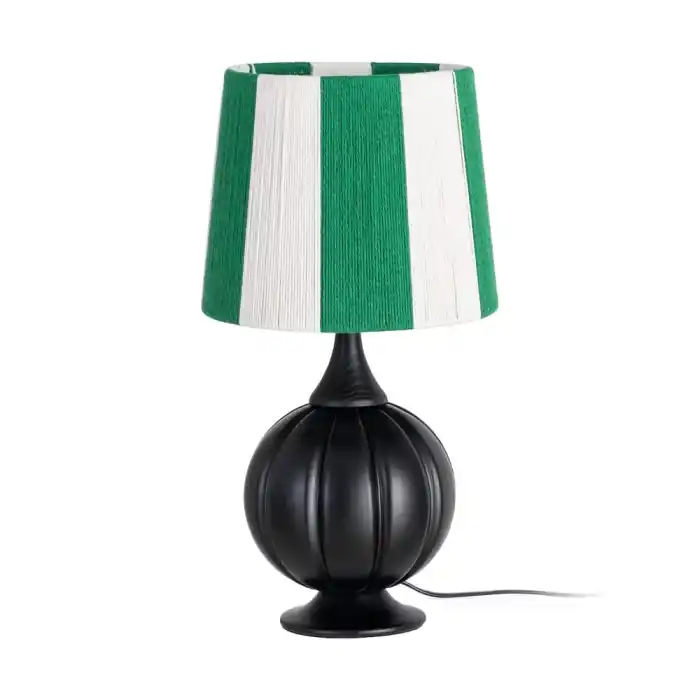 Oferta zilei - Lampă de masă din lemn negru cu bază sculptată și abajur alb și verde din fibră de hârtie 24 x 24 x 47.5 cm