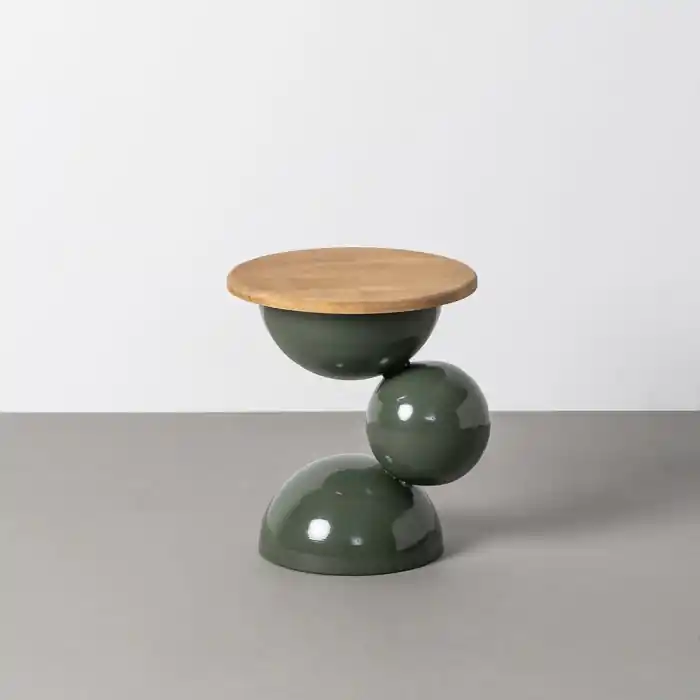Masă laterală rotundă din lemn și metal verde lucios cu bază sculpturală din forme sferice 41 x 41 x 46.5 cm - Alegerea clienților