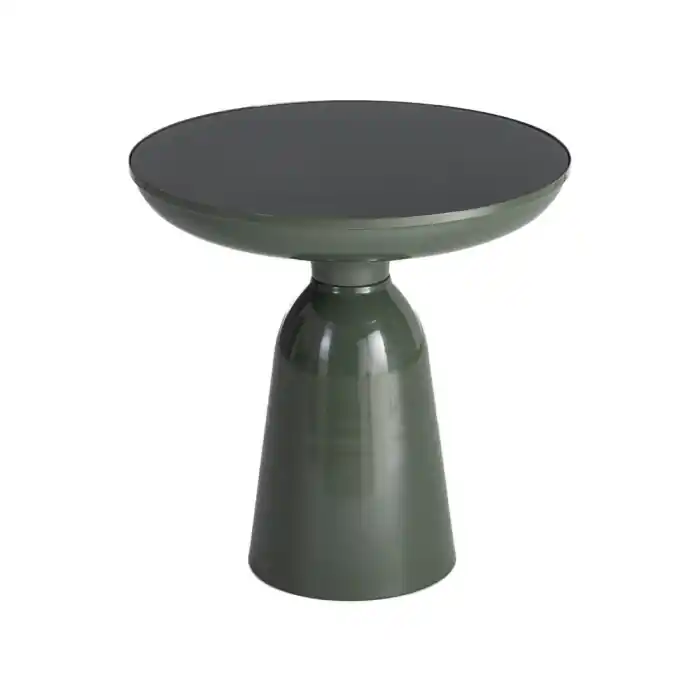 Preț atractiv | Masă laterală rotundă din sticlă verde și metal cu blat tip tavă și bază conică lucioasă 50 x 50 x 50.5 cm