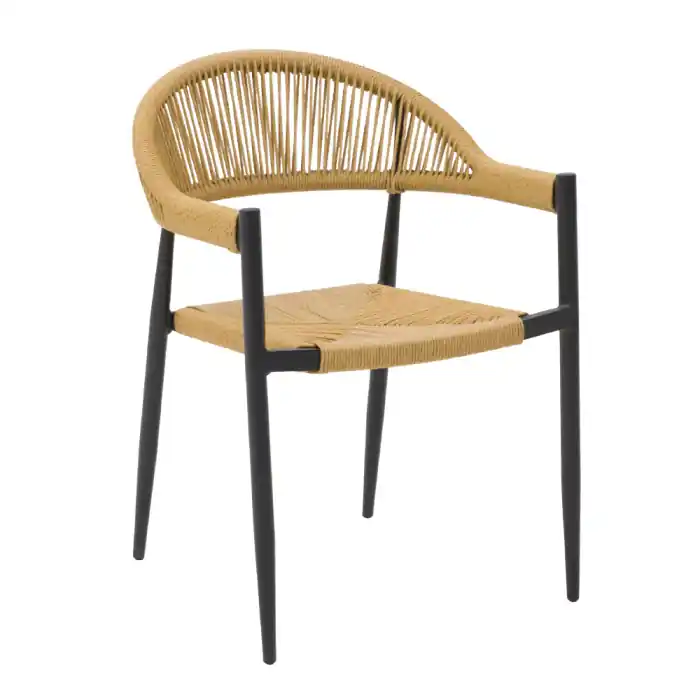 Super ofertă | Scaun cu brațe din aluminiu negru și împletitură naturală tip cord cu design curbat aerisit și structură stivuibilă Mezza Luna 56 x 55 x 78 cm