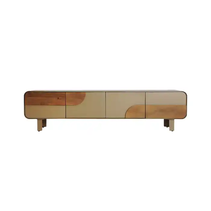 Reducere | Comodă TV din lemn de mango maro deschis și MDF taupe cu 4 uși și design contemporan Izagre 200 x 40 x 51 cm