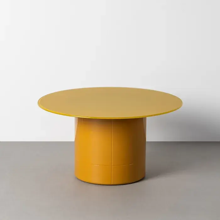 Măsuță de cafea galben muștar cu blat rotund din sticlă securizată și bază centrală 80 x 80 x 42 cm | Produs nou