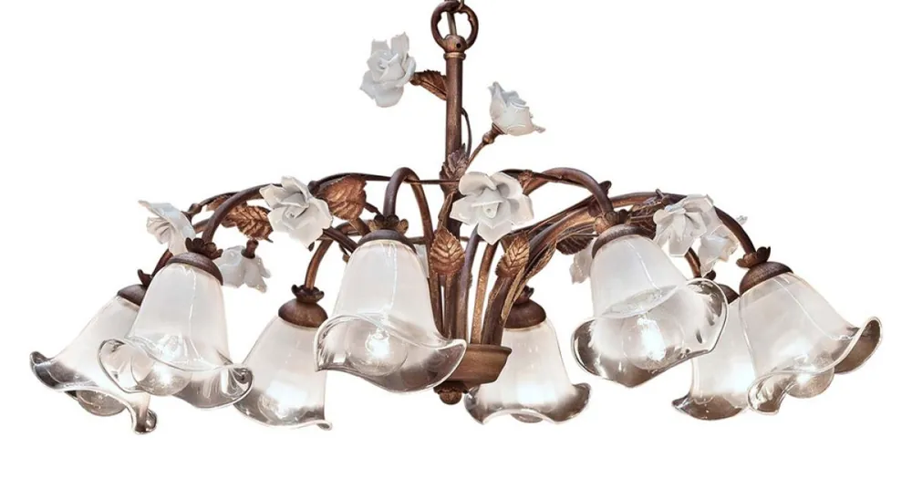 Ofertă online - Candelabru cu 8 Lumini din Fier si Sticla sablata cu Trandafiri din Ceramica - Siena